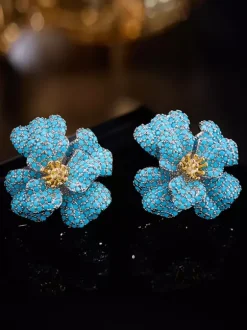 Blue Paved Crystal 3D Flower Stud Earrings Gold Center Floral Statement Earrings
