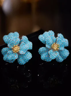 Blue Paved Crystal 3D Flower Stud Earrings Gold Center Floral Statement Earrings