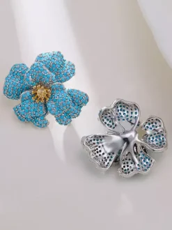 Blue Paved Crystal 3D Flower Stud Earrings Gold Center Floral Statement Earrings