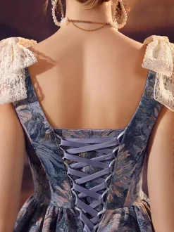 Blue Retro Tudor Dress Costumes Women's Lace Bows Polyester Dress Renaissance Marie Antoinette Costume 18th Century Costume