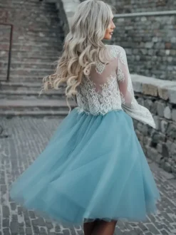 Blue Short Simple Wedding Dress A-Line Designed Neckline Lace Tulle Bridal Gowns Free Customization