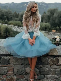 Blue Short Simple Wedding Dress A-Line Designed Neckline Lace Tulle Bridal Gowns Free Customization