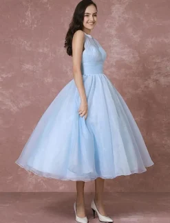 Blue Wedding Dress Short Tulle Vintage Bridal Dress Halter Backless Ball Gown Cocktail Dress Tea-length Party Dress Milanoo