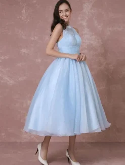 Blue Wedding Dress Short Tulle Vintage Bridal Dress Halter Backless Ball Gown Cocktail Dress Tea-length Party Dress Milanoo