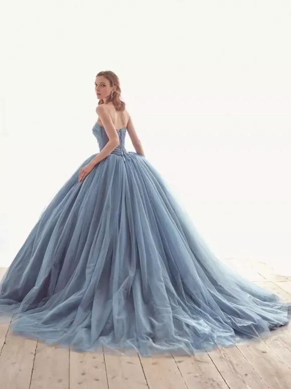 Blue Wedding Dress With Train Strapless Sleeveless Lace Up Long Tulle Bridal Gowns Free Customization