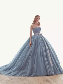 Blue Wedding Dress With Train Strapless Sleeveless Lace Up Long Tulle Bridal Gowns Free Customization