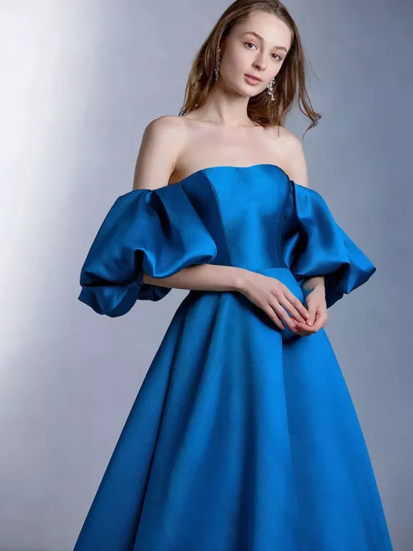 Blue Wedding Dress With Train Strapless Short Sleeves Lace Up Satin Fabric A-Line Long Bridal Gowns Free Customization