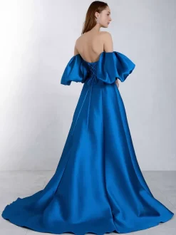 Blue Wedding Dress With Train Strapless Short Sleeves Lace Up Satin Fabric A-Line Long Bridal Gowns Free Customization