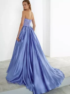 Blue Wedding Dress With Train Strapless Sleeveless Floor Length Lace Stain Fabric A Line Bridal Gowns Free Customization