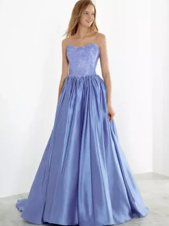 Blue Wedding Dress With Train Strapless Sleeveless Floor Length Lace Stain Fabric A Line Bridal Gowns Free Customization