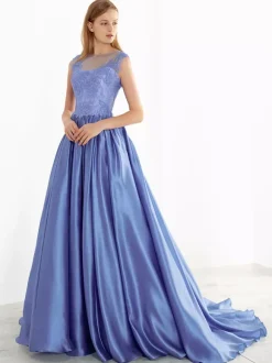 Blue Wedding Dress With Train Strapless Sleeveless Lace Satin Fabric A Line Bridal Gowns Free Customization
