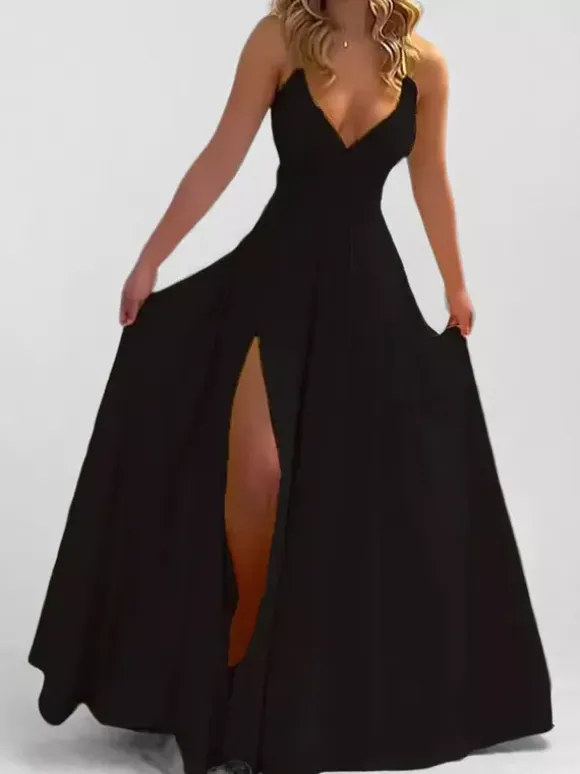 Blush Pink V Neck Sling Maxi Dress With High Slit For Women