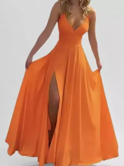 Blush Pink V Neck Sling Maxi Dress With High Slit For Women