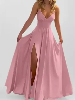 Blush Pink V Neck Sling Maxi Dress With High Slit For Women