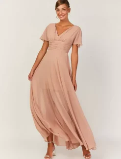 Blush Pink Bridesmaid Dresses V-Neck Backless A-Line Chiffon Wedding Party Maxi Dress