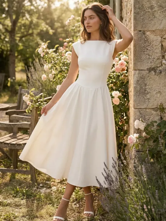 Boat Neck White Swing Dress For Women - Minimalist Elegant Open Back Midi Dress - Summer Date Night Outfits 2026