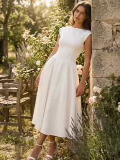 Boat Neck White Swing Dress For Women - Minimalist Elegant Open Back Midi Dress - Summer Date Night Outfits 2026