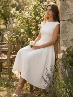 Boat Neck White Swing Dress For Women - Minimalist Elegant Open Back Midi Dress - Summer Date Night Outfits 2026