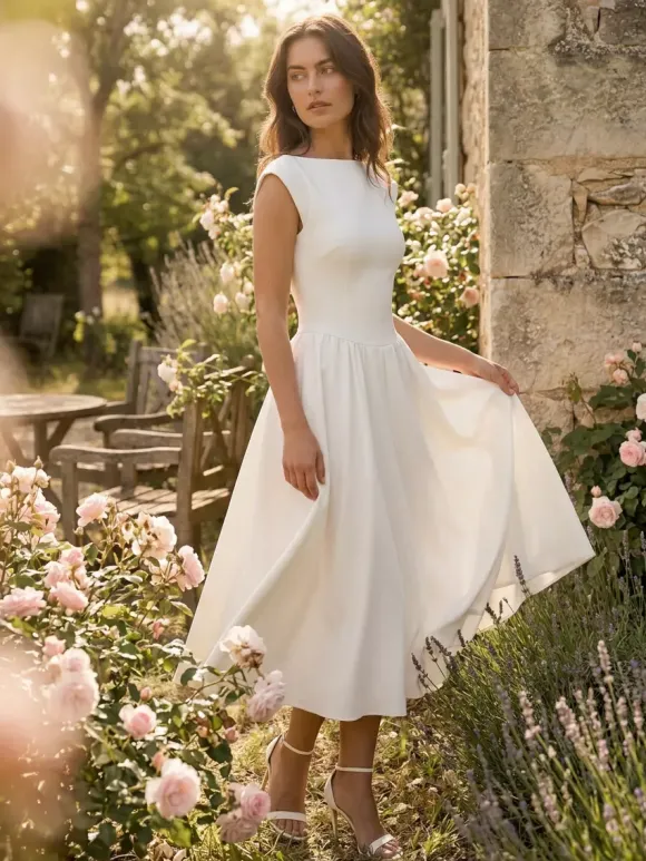Boat Neck White Swing Dress For Women - Minimalist Elegant Open Back Midi Dress - Summer Date Night Outfits 2026