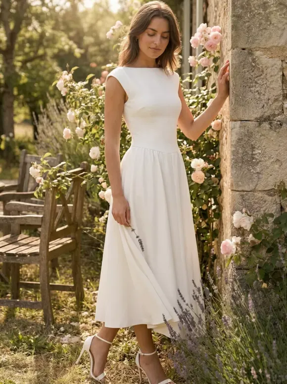 Boat Neck White Swing Dress For Women - Minimalist Elegant Open Back Midi Dress - Summer Date Night Outfits 2026