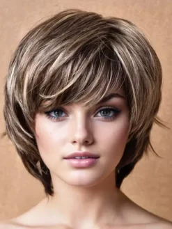 Bob Hairstyle Short Straight Hair Highlighted Synthetic Wig For Women 2026
