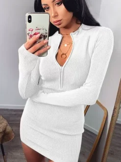 Bodycon Dresses White Stand Collar Sexy Long Sleeves Pencil Dress