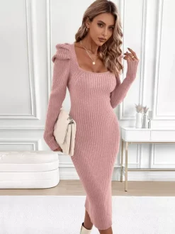 Bodycon Rib-Knit Midi Dress With Square Neck And Puff Sleeves For Women 2026
