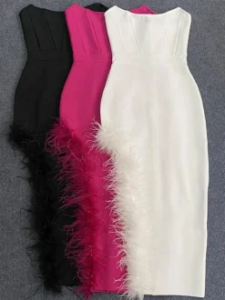 Bodycon Dress Feather Trim Off The Shoulder Asymmetrical Party Club Dresses