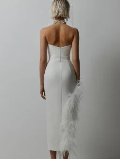 Bodycon Dress Feather Trim Off The Shoulder Asymmetrical Party Club Dresses