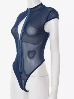 Bodysuit Sleeveless Blue Buttons Stand Collar Top For Women