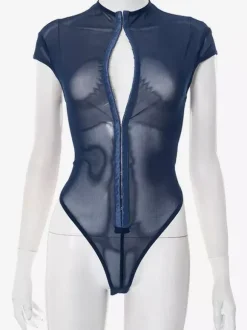 Bodysuit Sleeveless Blue Buttons Stand Collar Top For Women