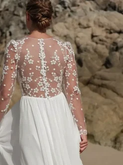 Bohemian Lace Wedding Dress V-Neck Long Sleeve Bridal Gown with Button Back and Front Slit