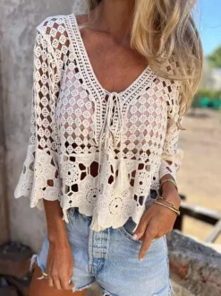 Boho Crochet Hollow Out Cover Up Tees White Lace Lace Up V-Neck T Shirt Blouse