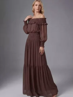 Boho Off-Shoulder Maxi Dress For Women - Brown Smocked Waist Ruffle Chiffon Tiered Long Sleeve Gown - Beach Date Night 2026