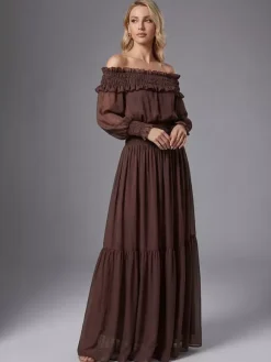 Boho Off-Shoulder Maxi Dress For Women - Brown Smocked Waist Ruffle Chiffon Tiered Long Sleeve Gown - Beach Date Night 2026