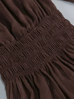 Boho Off-Shoulder Maxi Dress For Women - Brown Smocked Waist Ruffle Chiffon Tiered Long Sleeve Gown - Beach Date Night 2026