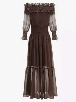 Boho Off-Shoulder Maxi Dress For Women - Brown Smocked Waist Ruffle Chiffon Tiered Long Sleeve Gown - Beach Date Night 2026