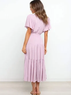 Boho Ruffle Tiered Midi Dress for Women - Lilac V Neck Flutter Sleeve A-Line Flowy Wrap Sun Dress - Summer Wedding Guest 2026