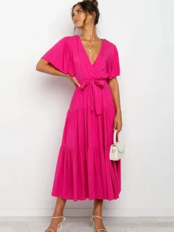 Boho Ruffle Tiered Midi Dress for Women - Lilac V Neck Flutter Sleeve A-Line Flowy Wrap Sun Dress - Summer Wedding Guest 2026