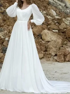 Boho Wedding Dress Chiffon Pleated A-Line With Train Natural Waist Lace-up Long Sleeves V-Neck Ivory