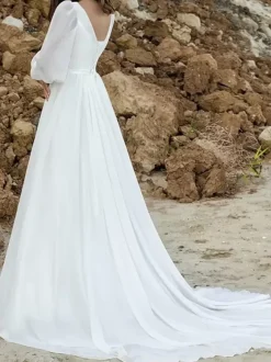 Boho Wedding Dress Chiffon Pleated A-Line With Train Natural Waist Lace-up Long Sleeves V-Neck Ivory