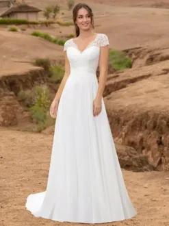 Boho Wedding Dress Lace Lace Ball Gown With Train Natural Waist Backless Short Sleeves V-Neck White