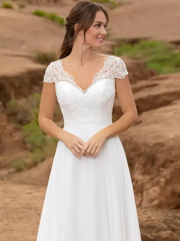 Boho Wedding Dress Lace Lace Ball Gown With Train Natural Waist Backless Short Sleeves V-Neck White