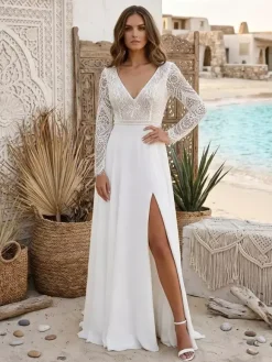 Boho Wedding Dress Lace Lace Ball Gown Natural Waist Zipper Long Sleeves V-Neck Ivory