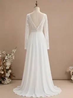 Boho Wedding Dress Lace Lace Ball Gown Natural Waist Zipper Long Sleeves V-Neck Ivory