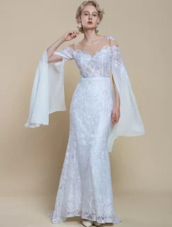 Boho Wedding Dress Polyester Tiered Mermaid With Train Natural Waist Zipper Long Sleeves Illusion Neckline Ivory