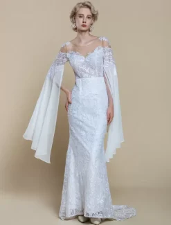 Boho Wedding Dress Polyester Tiered Mermaid With Train Natural Waist Zipper Long Sleeves Illusion Neckline Ivory