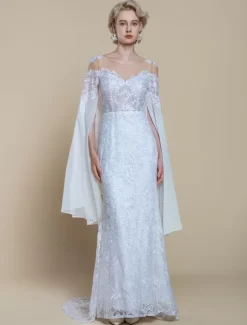 Boho Wedding Dress Polyester Tiered Mermaid With Train Natural Waist Zipper Long Sleeves Illusion Neckline Ivory