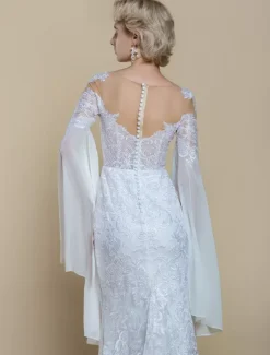 Boho Wedding Dress Polyester Tiered Mermaid With Train Natural Waist Zipper Long Sleeves Illusion Neckline Ivory