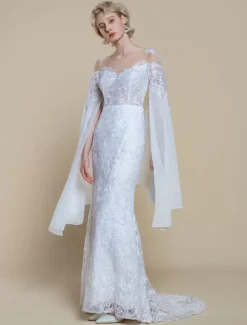 Boho Wedding Dress Polyester Tiered Mermaid With Train Natural Waist Zipper Long Sleeves Illusion Neckline Ivory